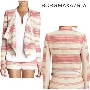 BCBG BCBGMAXAZRIA Abbey Stripe Abbey Cropped Blazer Jacket Asymmetrical Drape XS